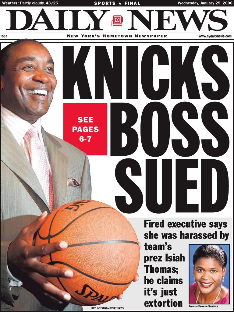 Daily News screen  with header  "Knicks Boss Sued." It reports an executive's harassment assertion  against squad  president   Isiah Thomas