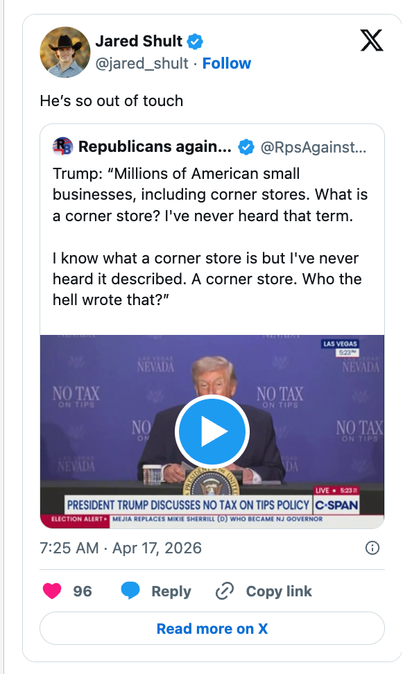 Screenshot of a societal  media station  showing a tweet astir  Trump making a remark  connected  country   stores, implying helium  doesn't recognize   their meaning