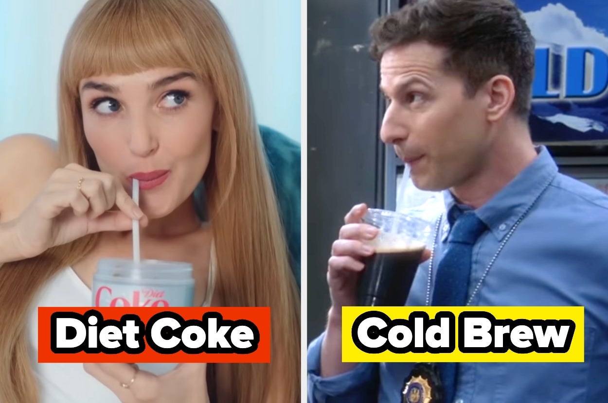 Woman drinking Diet Coke; man in a police badge drinking cold brew