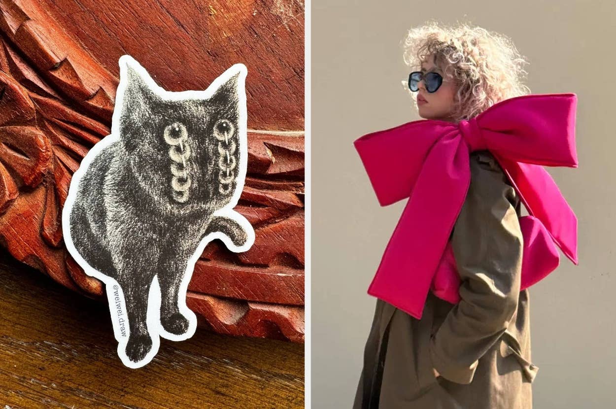 Sticker of a surreal cat with multiple eyes; person wearing a large pink bow on a coat