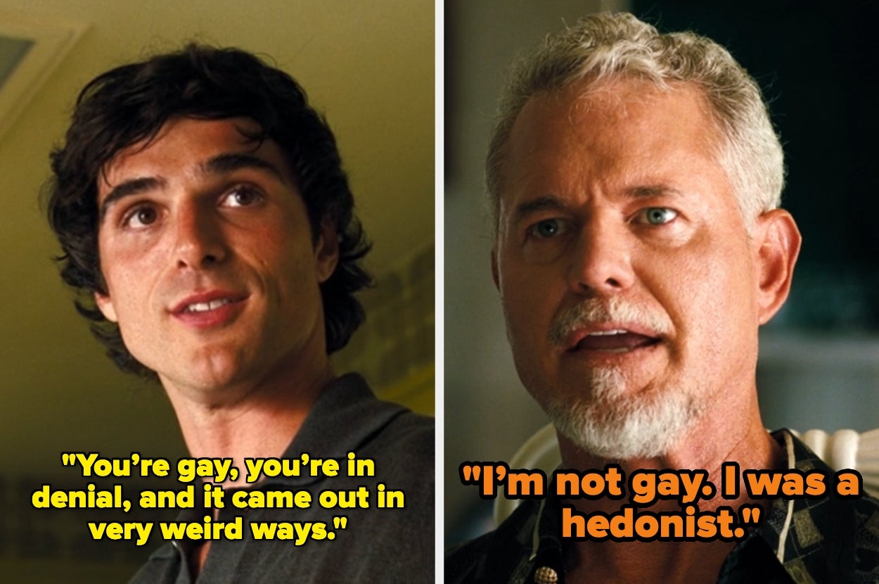 Two split images of two men: Left with text about denial and weirdness, right with a statement on not being gay but a hedonist