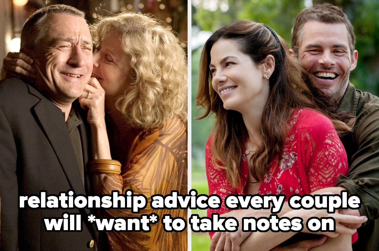 Split image of two couples showcasing PDA in movies, text overlay: relationship advice every couple will *want* to take notes on