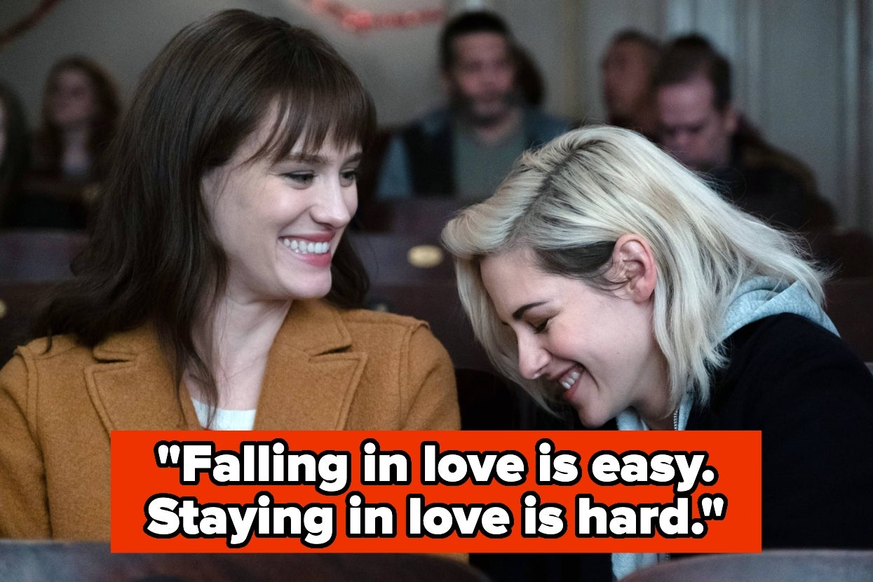 Split image of two women smiling at each other, text overlay: "Falling in love is easy. Staying in love is hard."
