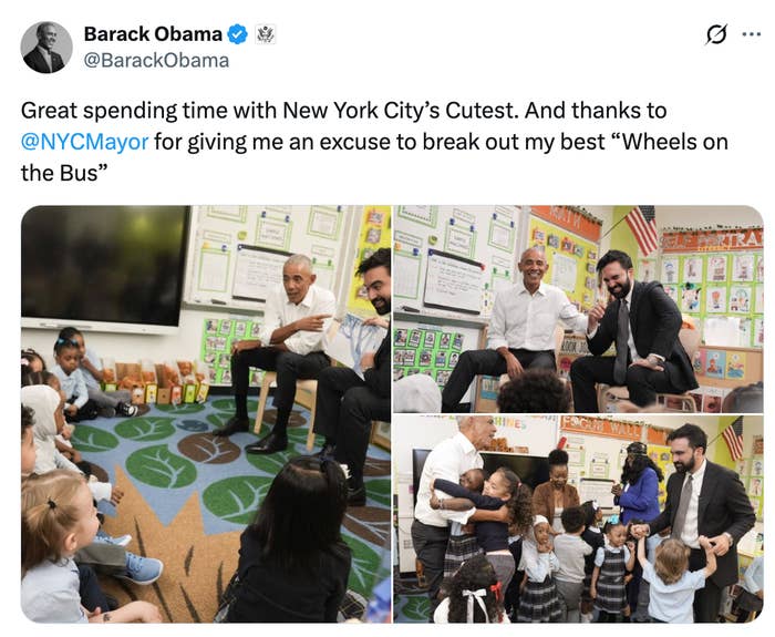 Barack Obama and NYC Mayor sojourn  a classroom, engaging with young students successful  activities, including singing "Wheels connected  the Bus."