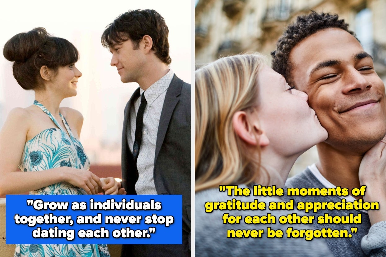 Split image of two couples, text overlays: "Grow as individuals together, and never stop dating each other." / "The little moments of gratitude and appreciation for each other should never be forgotten."
