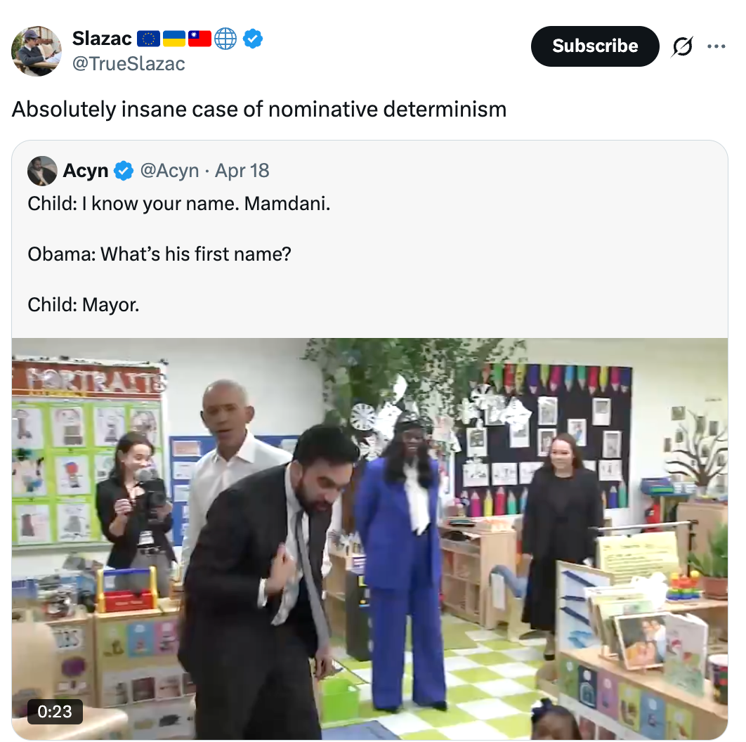 Screenshot of a tweet and a video; tweet discusses nominative determinism involving a kid  named Mayor successful  a schoolroom  setting