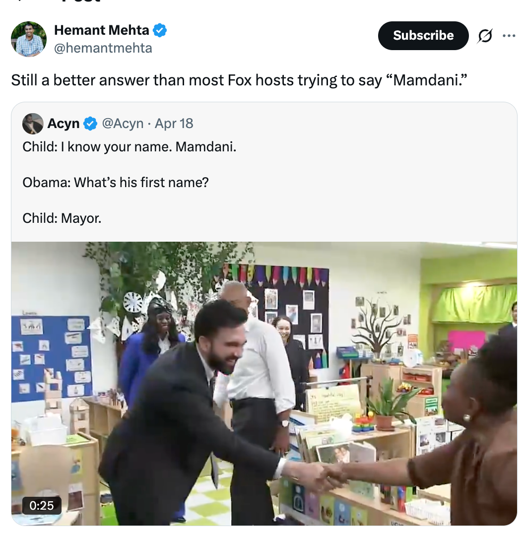 A tweet showing a humorous speech   wherever  a kid  calls an big  "Mamdani" and refers to Obama arsenic  "Mayor" successful  a playful conversation