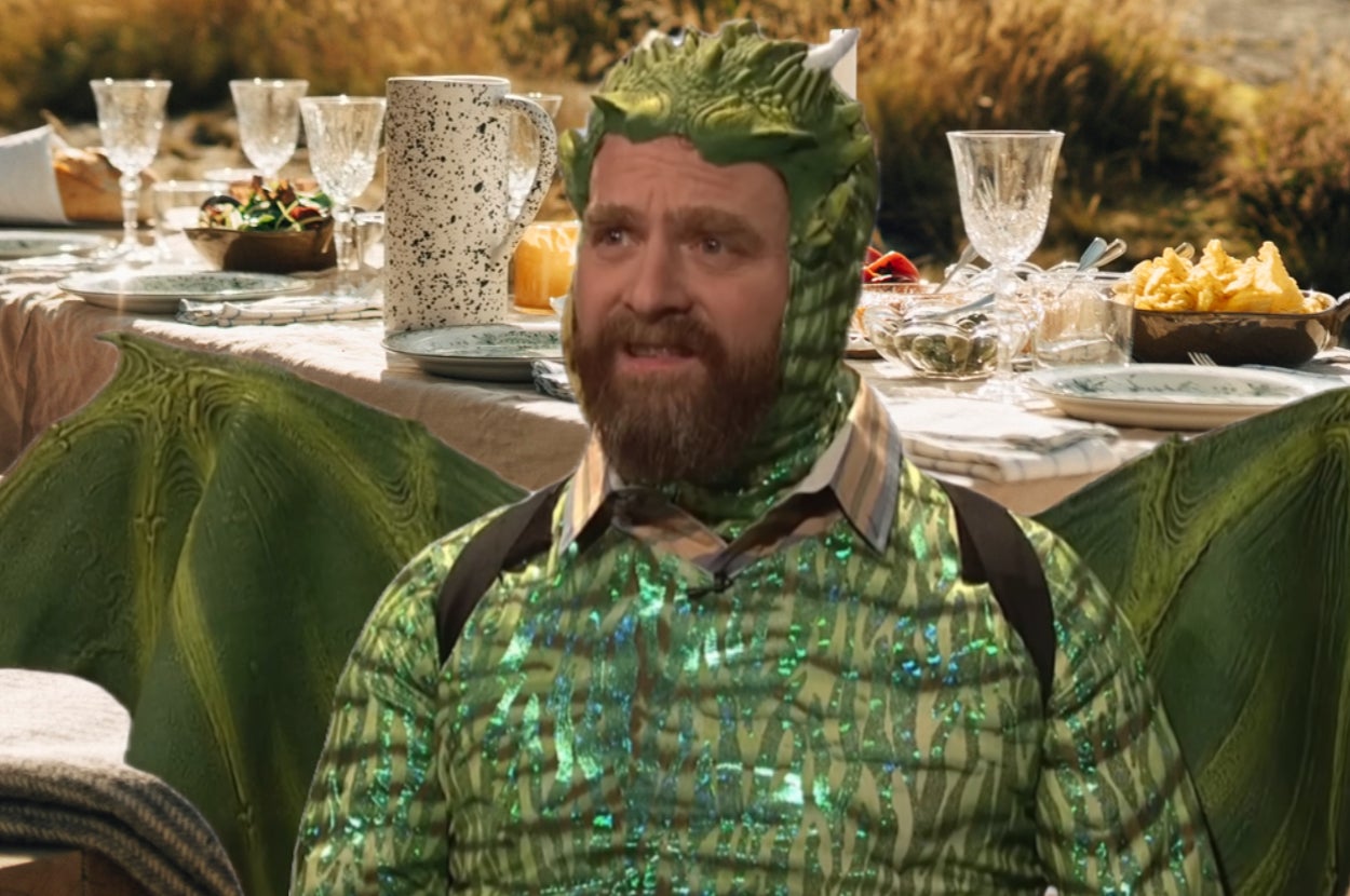 Zach Galifianakis in a shiny dragon costume on "SNL" overlaid on an outdoor table set with plates and glasses