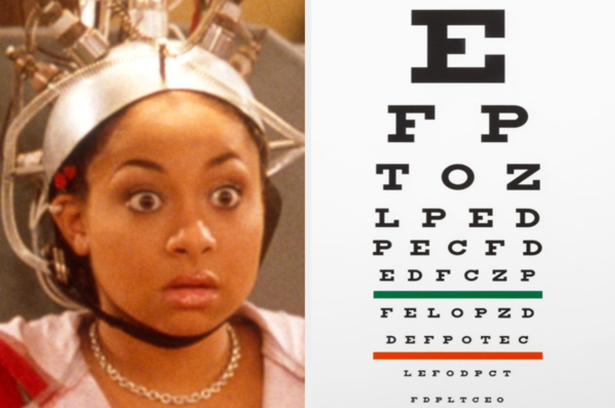 Raven Symoné from That's So Raven looks surprised while wearing a metallic head apparatus next to a vision test chart