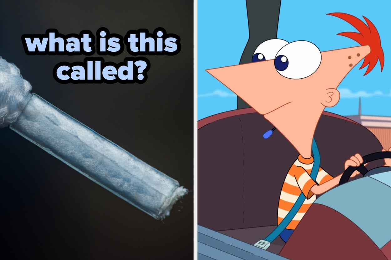 A close-up of a shoelace tip on the left and Phineas from Phineas and Ferb driving on the right