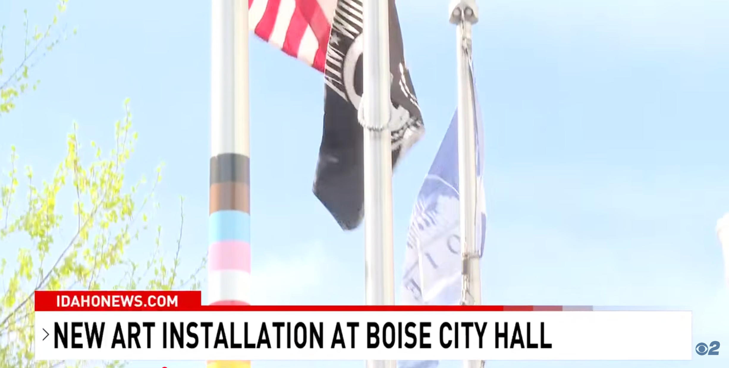 Flags are displayed connected  poles extracurricular  Boise City Hall. A quality    banner reads, "New creation  installation astatine  Boise City Hall."