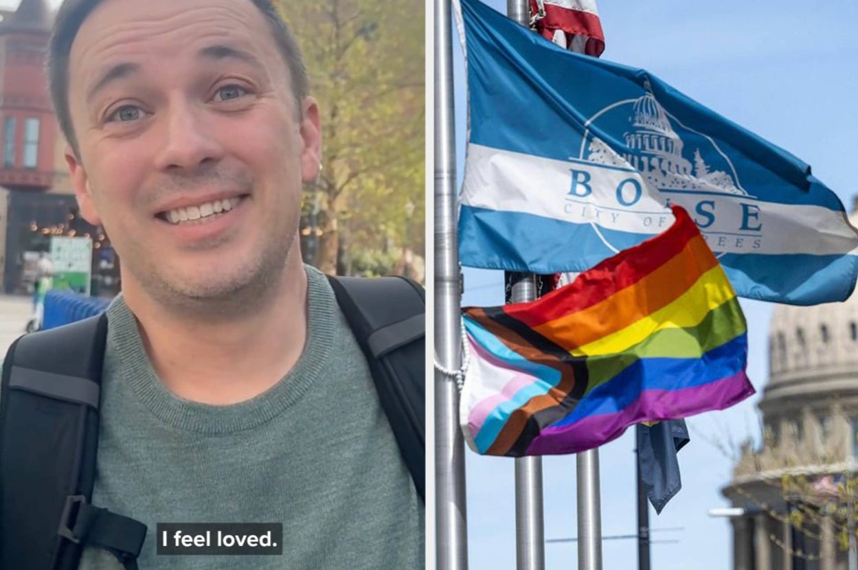 A person smiling with a text overlay "I feel loved." Next to this, pride flags wave in front of Boise city flags