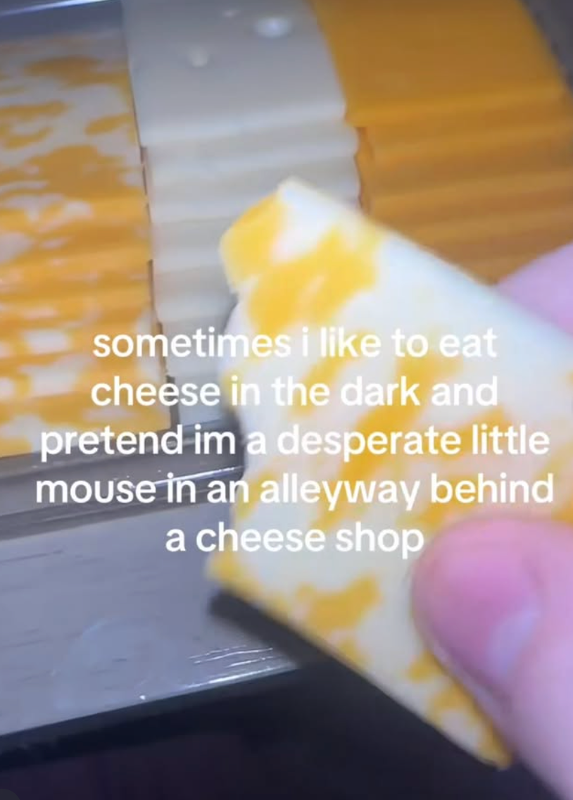 Text on image: "Sometimes I like to eat cheese in the dark and pretend I'm a desperate little mouse in an alleyway behind a cheese shop."