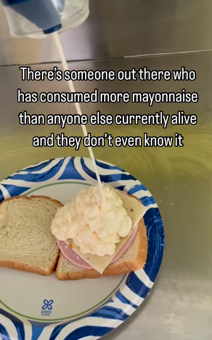 A sandwich with ham, cheese, and a large amount of mayonnaise on bread. Text: "There's someone out there who has consumed more mayonnaise than anyone else currently alive and they don't even know it."