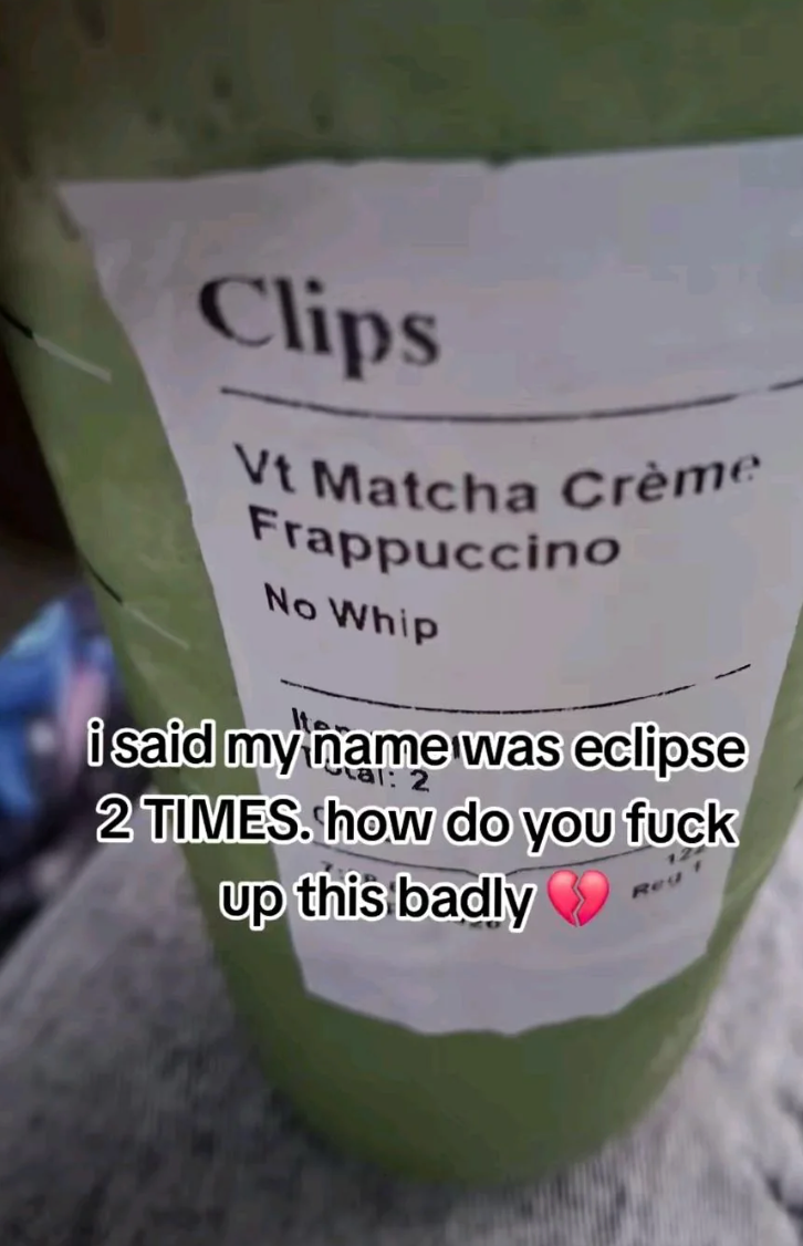 Matcha drink with label "Clips" for "Eclipse." Text below expresses frustration over the spelling error