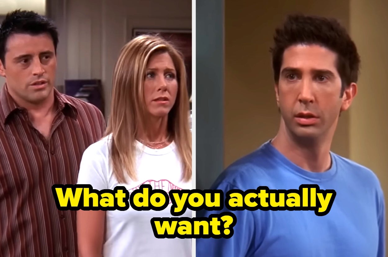 Two scenes from a TV show with characters looking confused. Text overlaid says, "What do you actually want?"