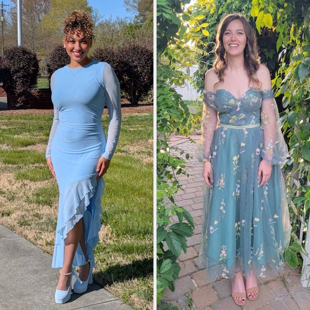 Two women pose outdoors in elegant dresses; one wears a sleek fitted gown, the other an off-shoulder floral dress