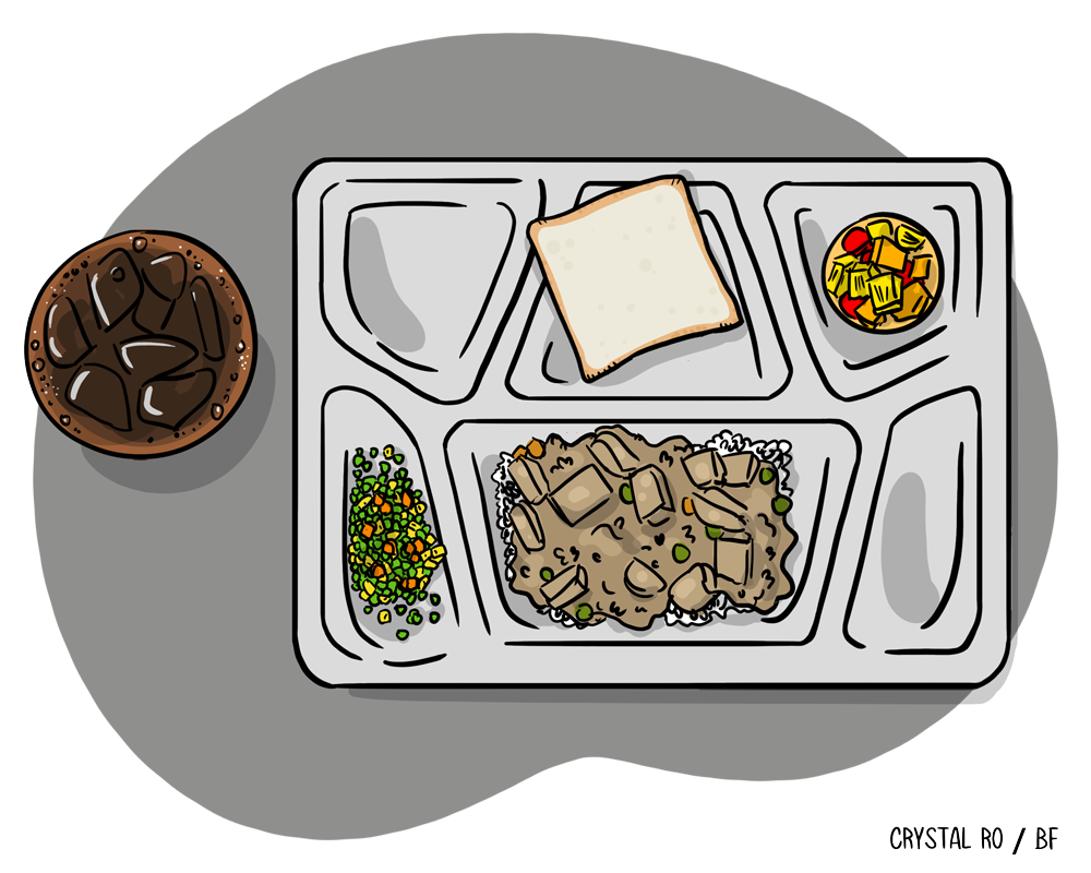Cafeteria tray with bread, mixed veggies, beef stew, pasta salad, and a portion  with ice