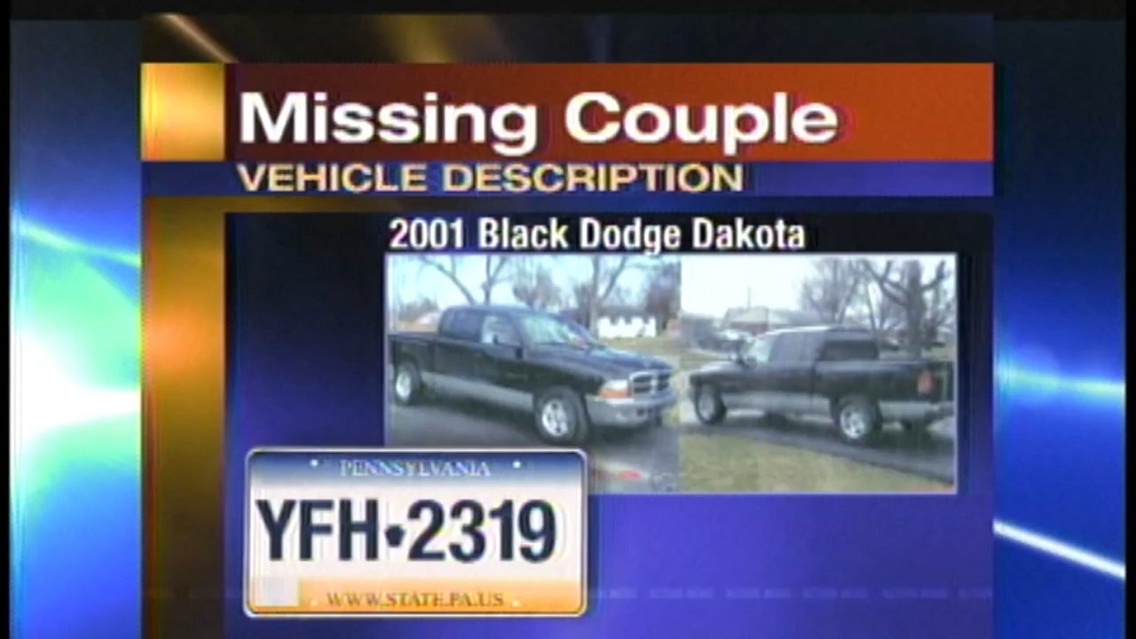 News broadcast showing a missing mates  alert with a 2001 achromatic  Dodge Dakota representation  and licence sheet  Pennsylvania YFH-2319