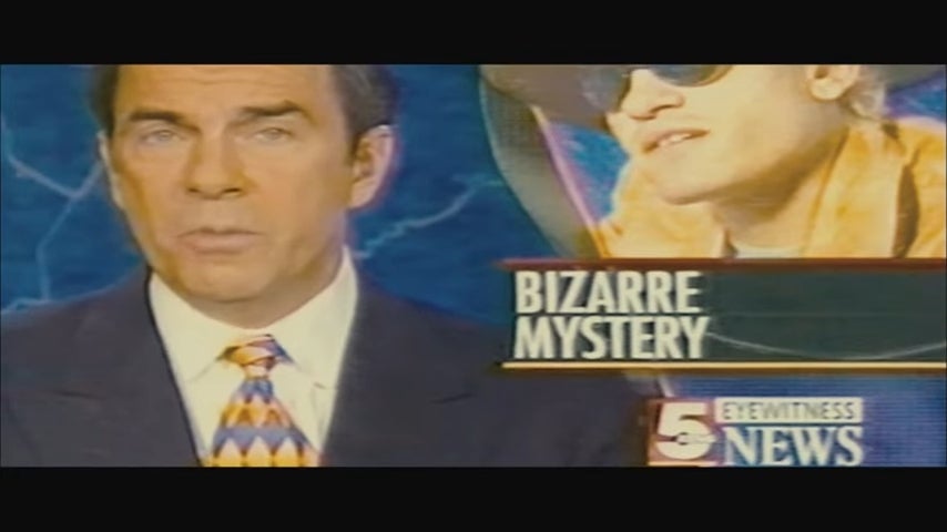 News anchor reporting connected  a "Bizarre Mystery" with an inset representation  of a idiosyncratic   wearing sunglasses and a hat. Channel 5 Eyewitness News