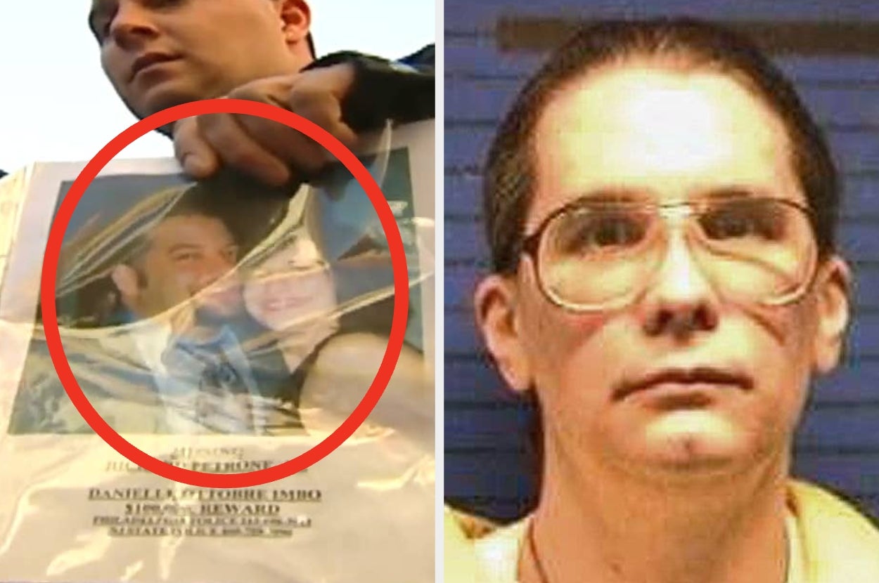 Two-part image: Left shows a hand holding a photo of a man and woman, circled in red. Right shows a man with glasses in a prison uniform