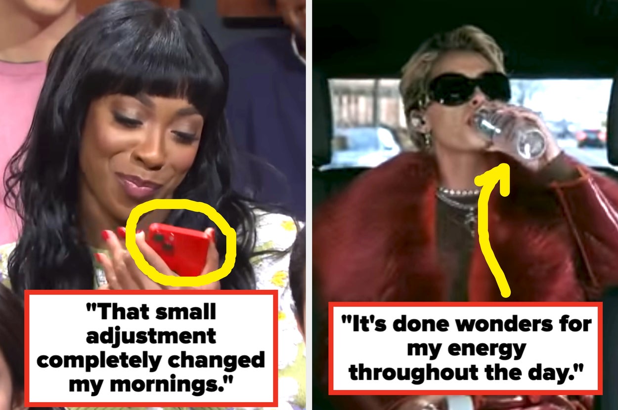 Split image: Left shows a person drinking water from a tap; right shows a person looking surprised while examining something in a book