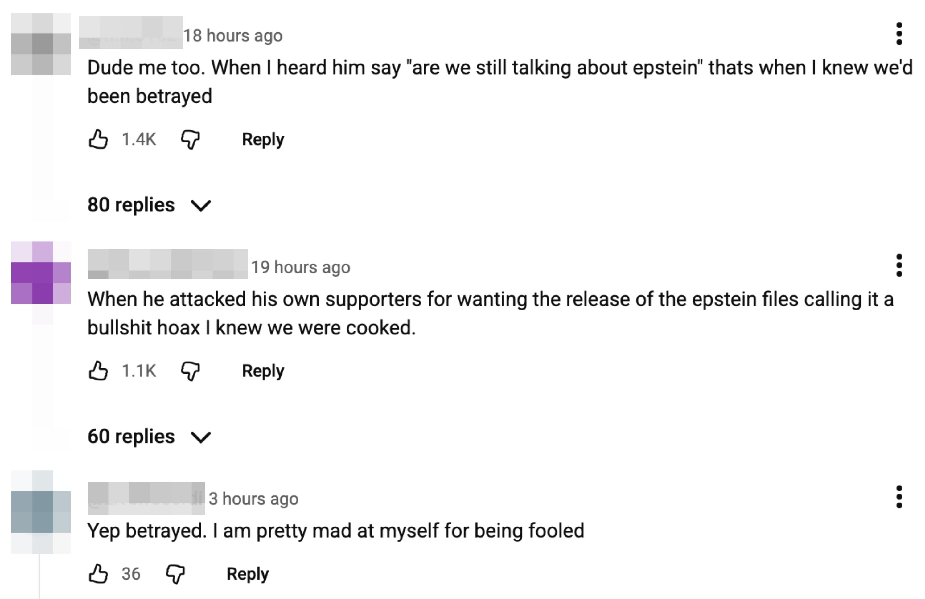 Comments sermon   betrayal related to conversations astir  Epstein, expressing regret and feeling deceived