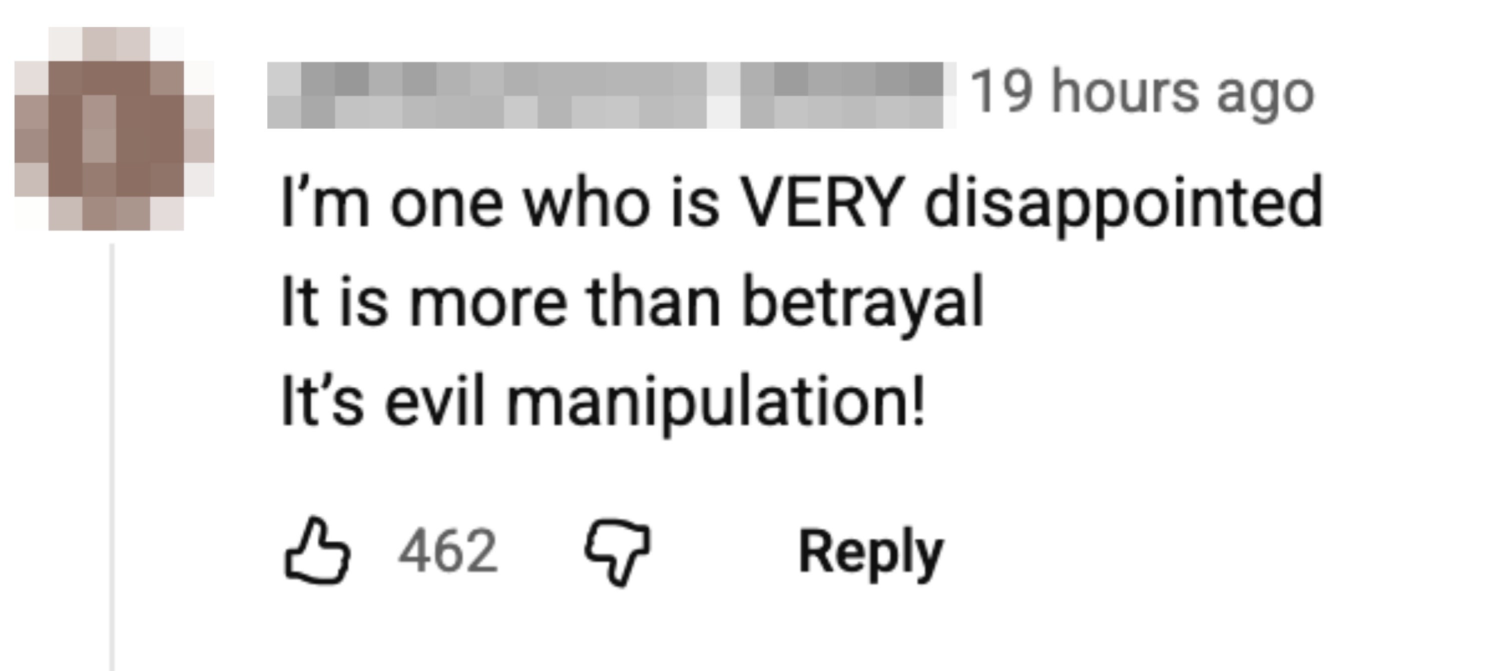 A societal  media remark  expresses disappointment, betrayal, and claims of evil manipulation