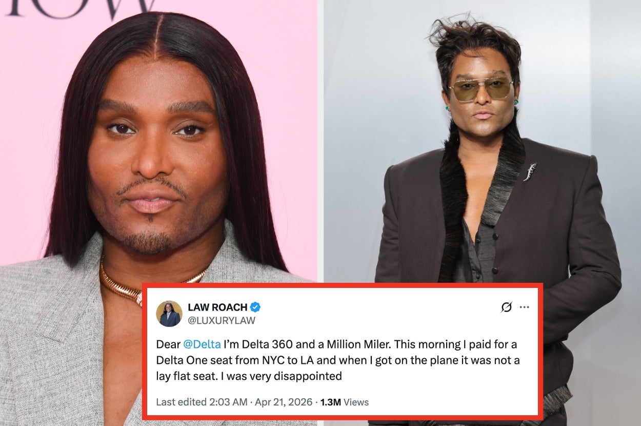 Law Roach at an event. Tweet addresses a seating issue with Delta Airlines, expressing disappointment over a non-reclining seat