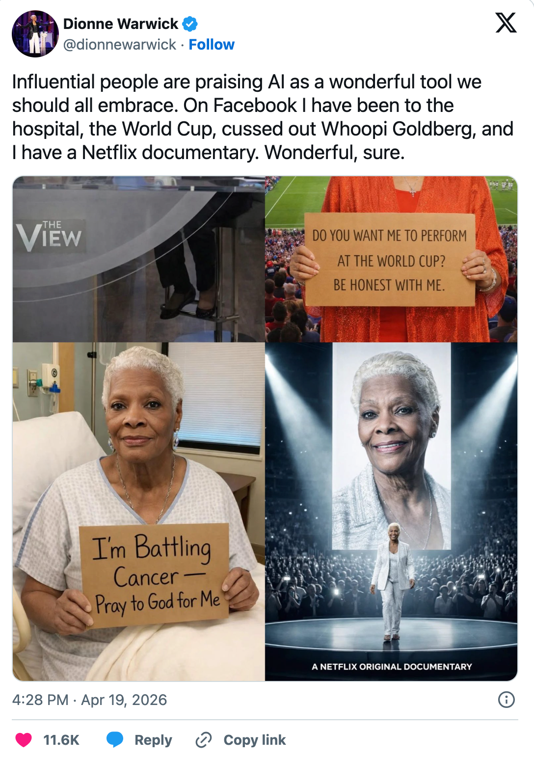 A idiosyncratic   holding a motion   astir  battling cancer, and appearing successful  promotional contented  for a Netflix documentary. Social media station  with humorous text