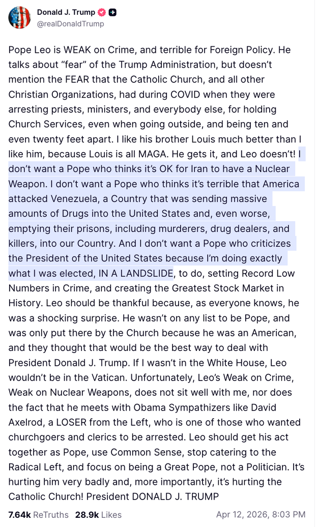 An representation  of a tweet from Donald J. Trump criticizing Pope Leo XIII, discussing crime, overseas   policy, and atomic  weapons, with references to humanities  events