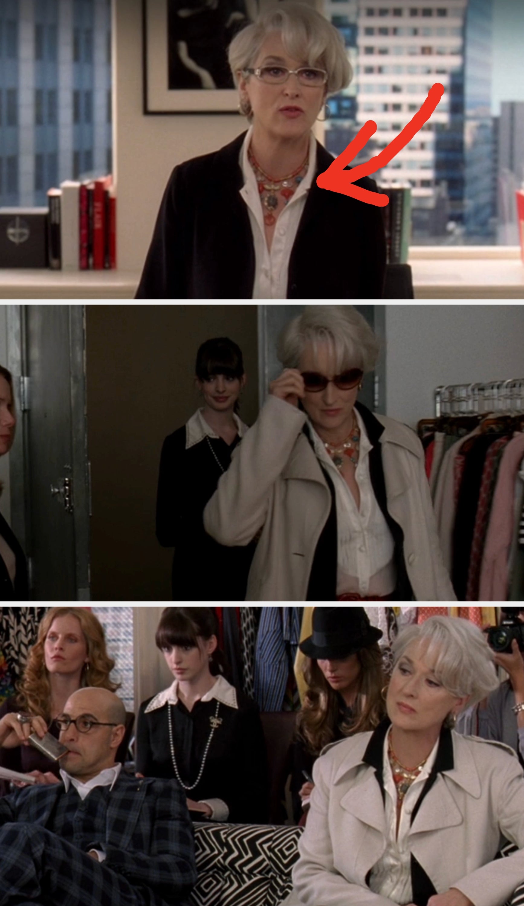 A idiosyncratic   with abbreviated  hairsbreadth  and glasses wearing a achromatic  overgarment   and a layered necklace stands successful  an bureau   with ample  windows and books successful  the background