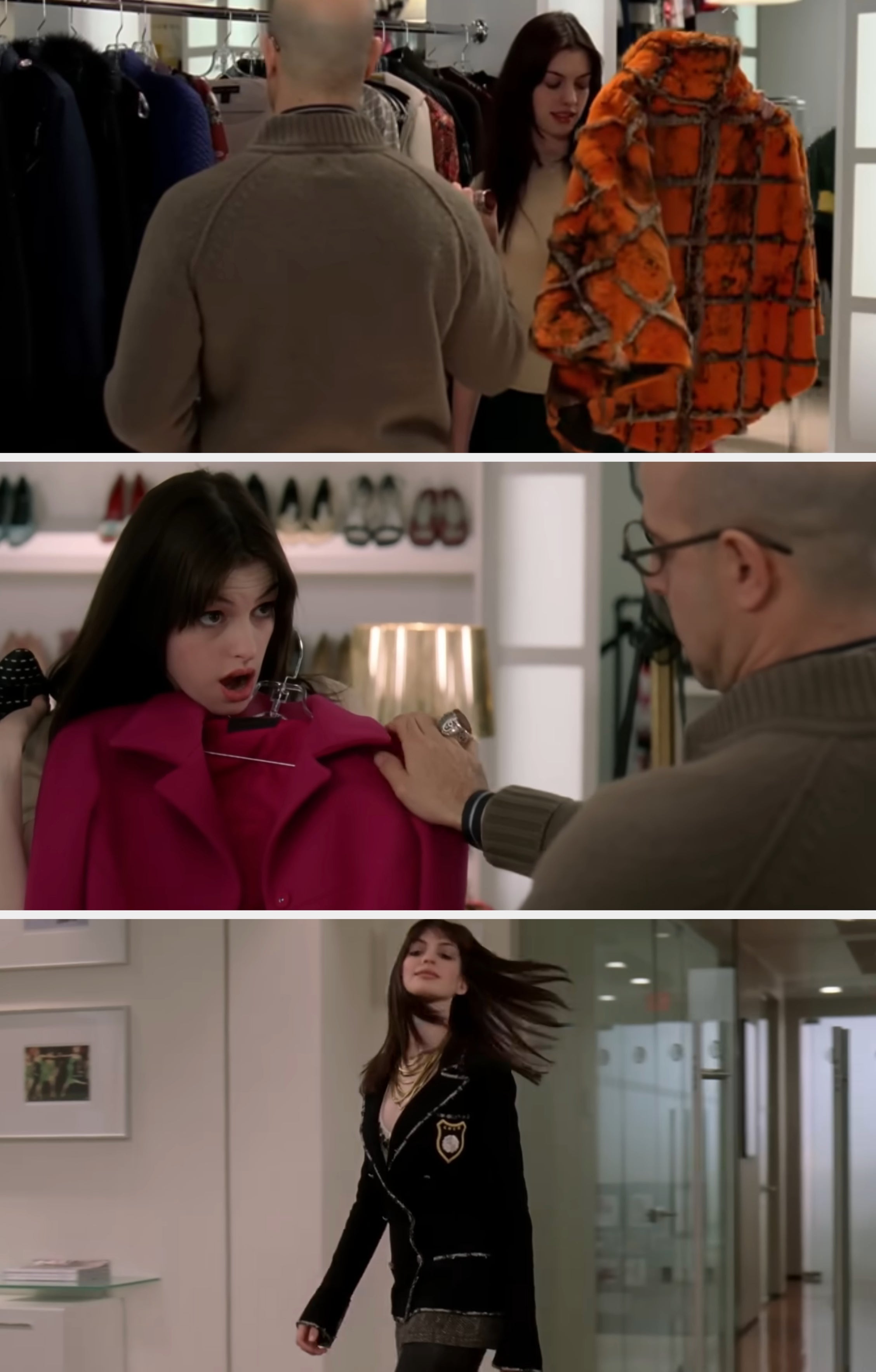 Two radical   successful  a covering  store, 1  holding an orange, patterned coat. The country   appears to beryllium  from a fashion-related movie   oregon  TV show