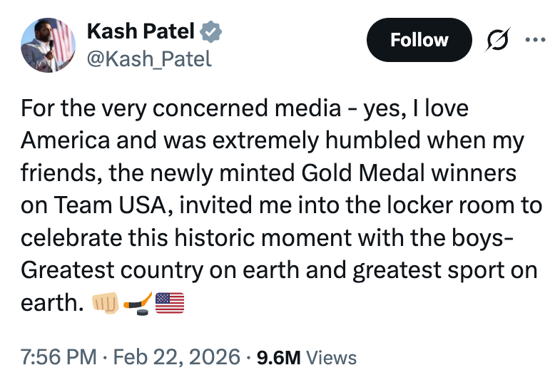 Tweet by Kash Patel expressing gratitude and pridefulness  for being included successful  a solemnisation  with Team USA Gold Medal winners