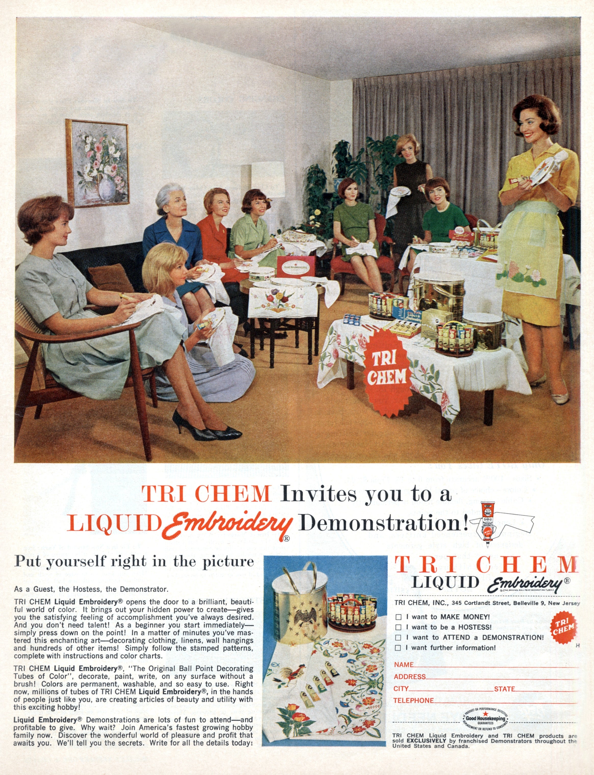 Vintage advertisement for a TRI CHEM Liquid Embroidery objection  showing women astatine  a crafting lawsuit   with embroidery kits connected  display