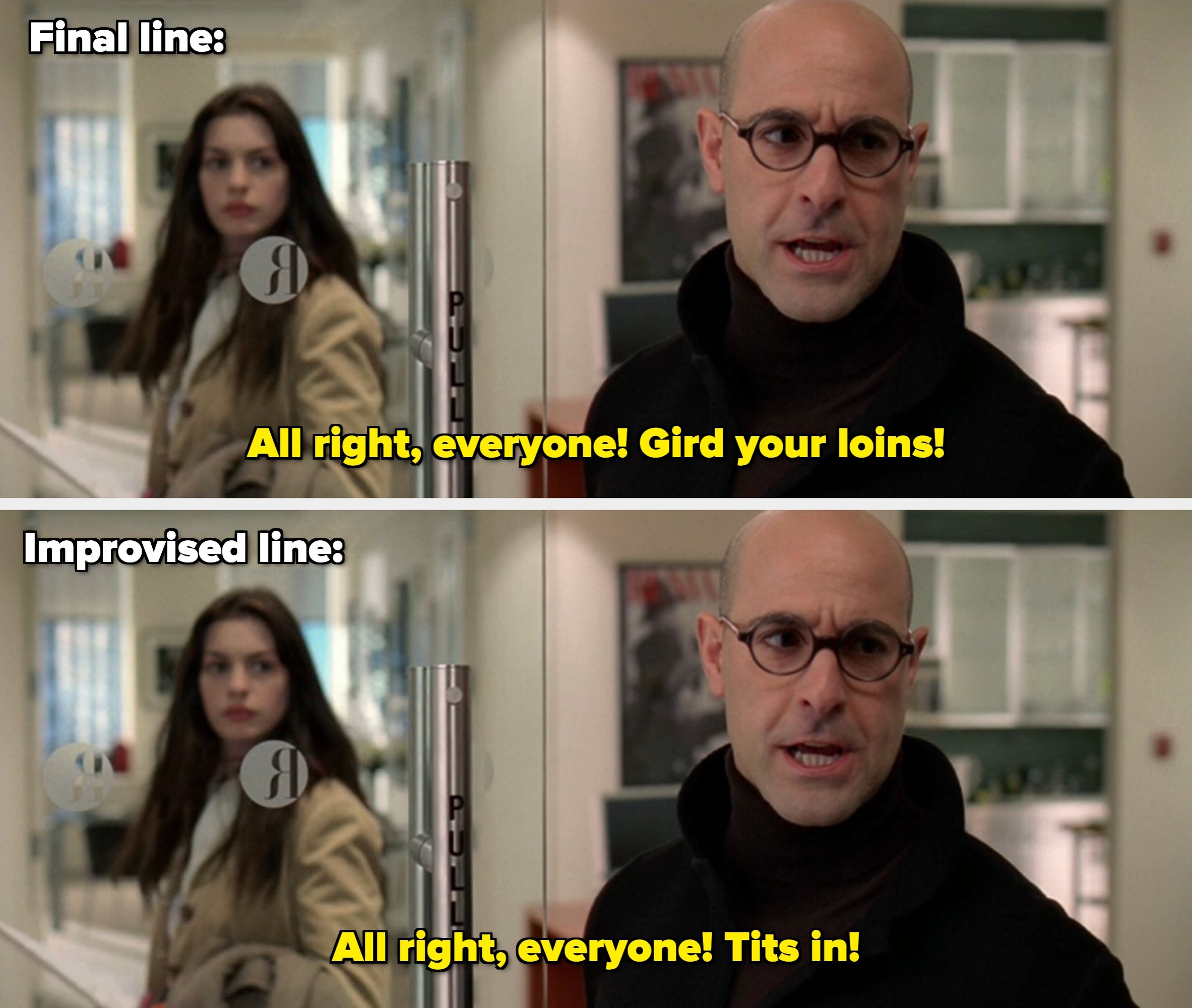 A pistillate   successful  a nonrecreational  outfit looks backmost  astatine  a antheral   successful  glasses speaking intensely, successful  an bureau   setting