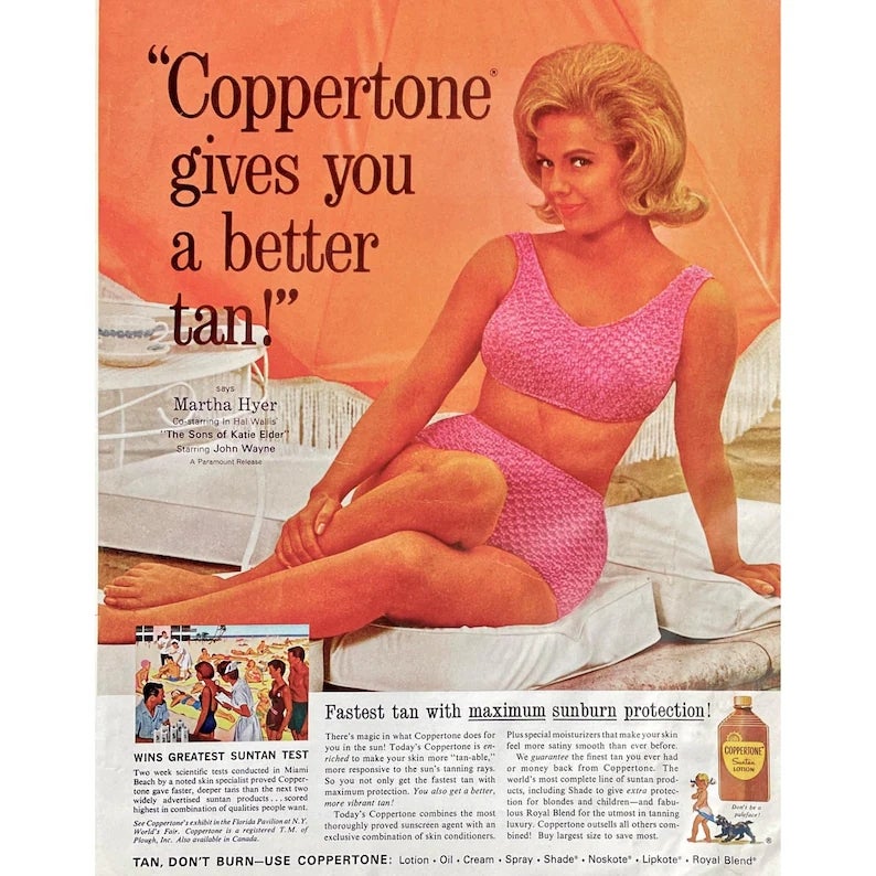 Vintage advertisement featuring a pistillate   successful  a textured two-piece swimsuit, promoting Coppertone sunscreen arsenic  providing a superior tan