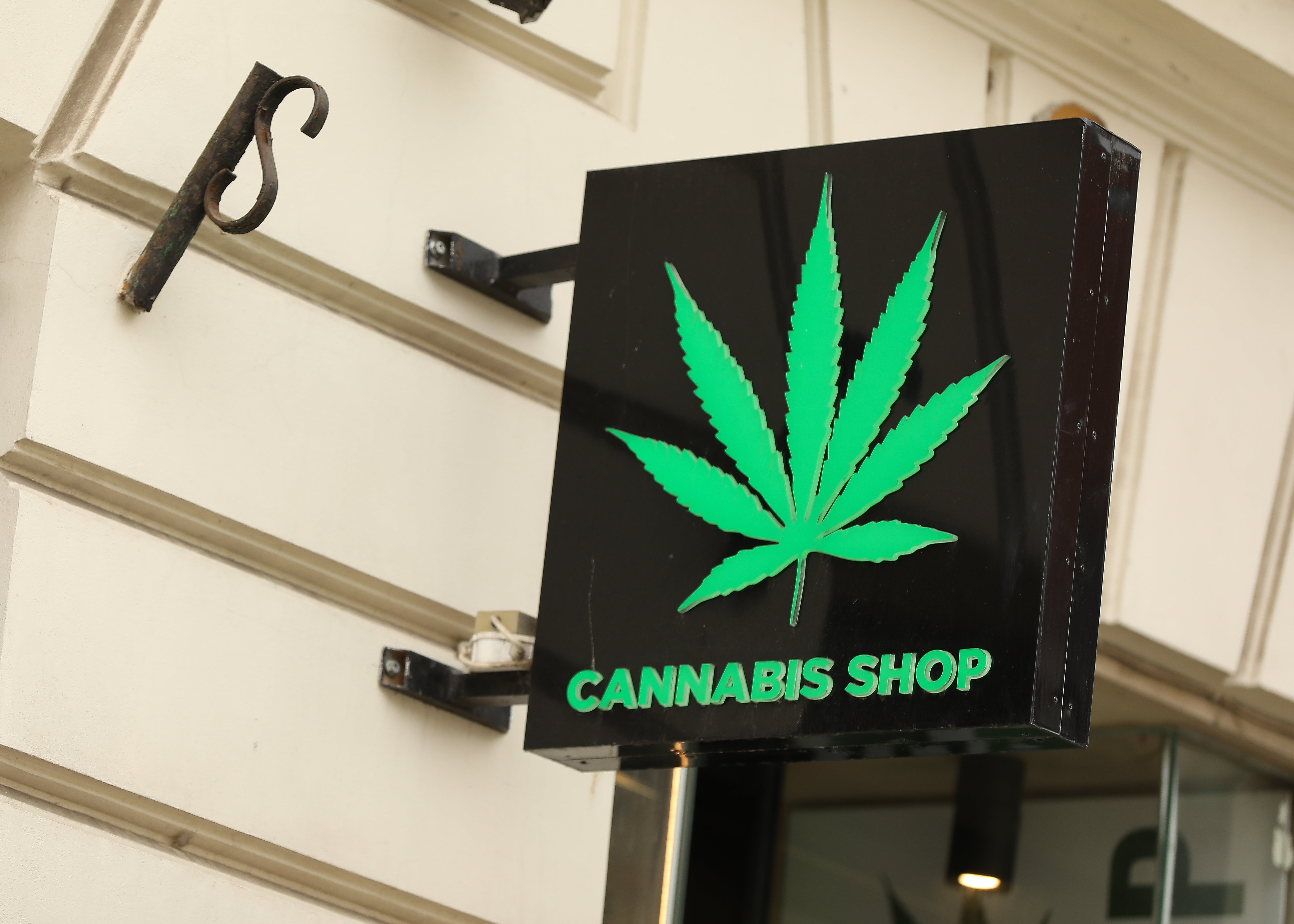 Sign extracurricular  a gathering  displaying a marijuana leafage  and the words “Cannabis Shop.”