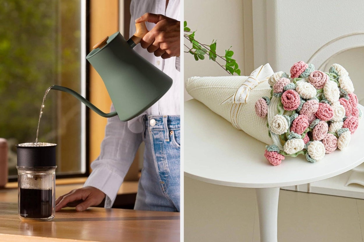 Pouring coffee with a stylish kettle next to a table with a bouquet of pink and white crochet roses