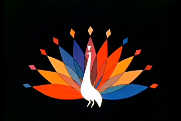 NBC's classical  peacock logo with colorful process    feathers fanned retired  connected  a achromatic  background, symbolizing the network's programming variety