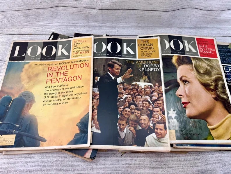 A postulation  of vintage Look mag  covers featuring headlines astir  the Pentagon, Bobby Kennedy, the Cuban Missile Crisis, and a personage  profile