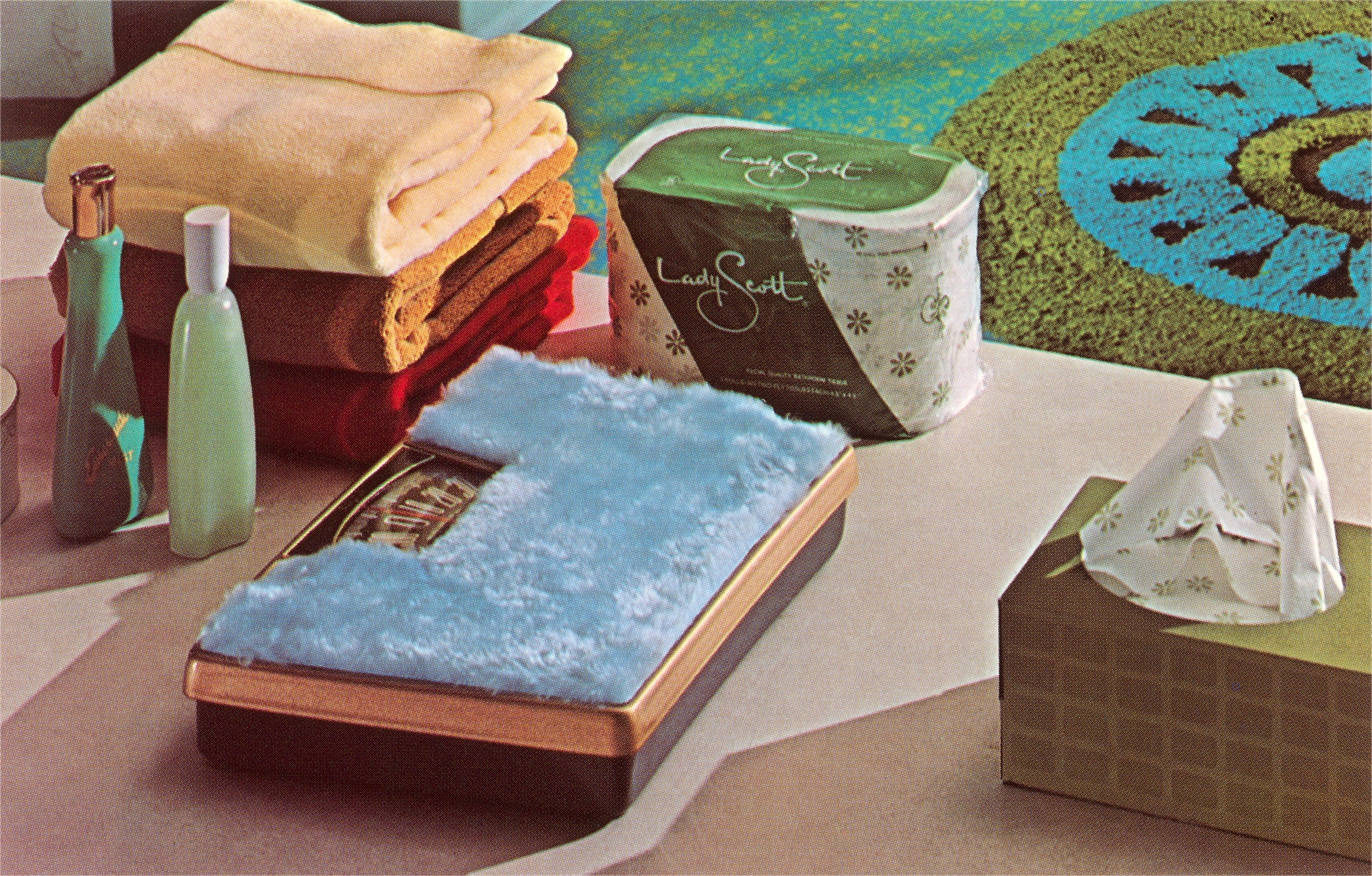 Retro bath  items display, including towels, bottles, a insubstantial   box, soap crockery  with cover, and instrumentality  labeled "Lady Scott."