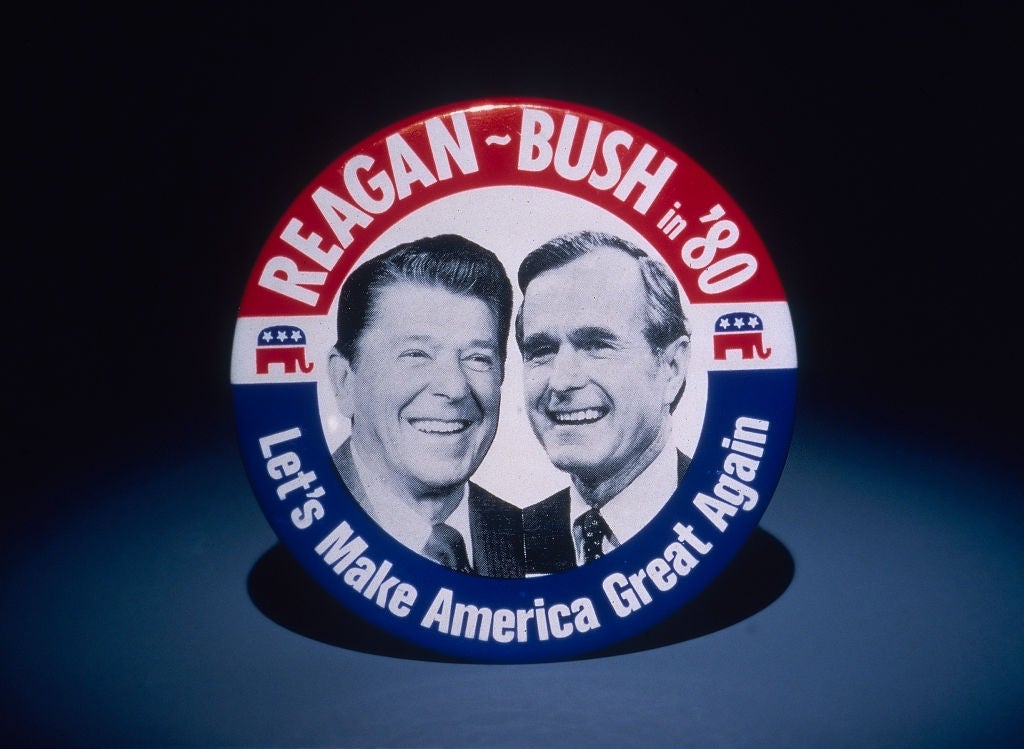 Political fastener  featuring Reagan and Bush with the slogan "Let's Make America Great Again" for their 1980 campaign