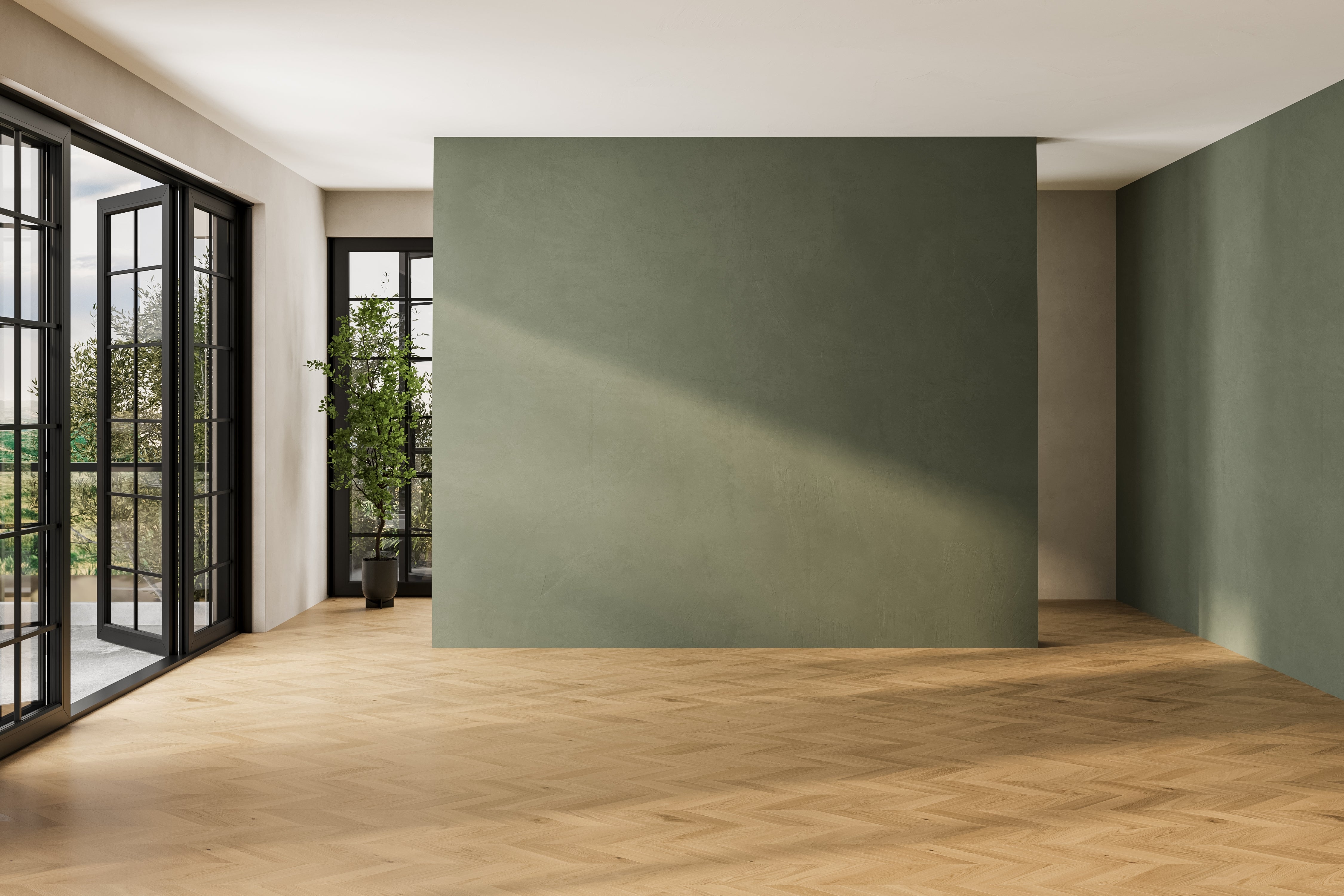 Minimalist country   with woody  flooring, ample  windows, and a greenish  accent wall. Sunlight streams in, highlighting a gangly  potted plant