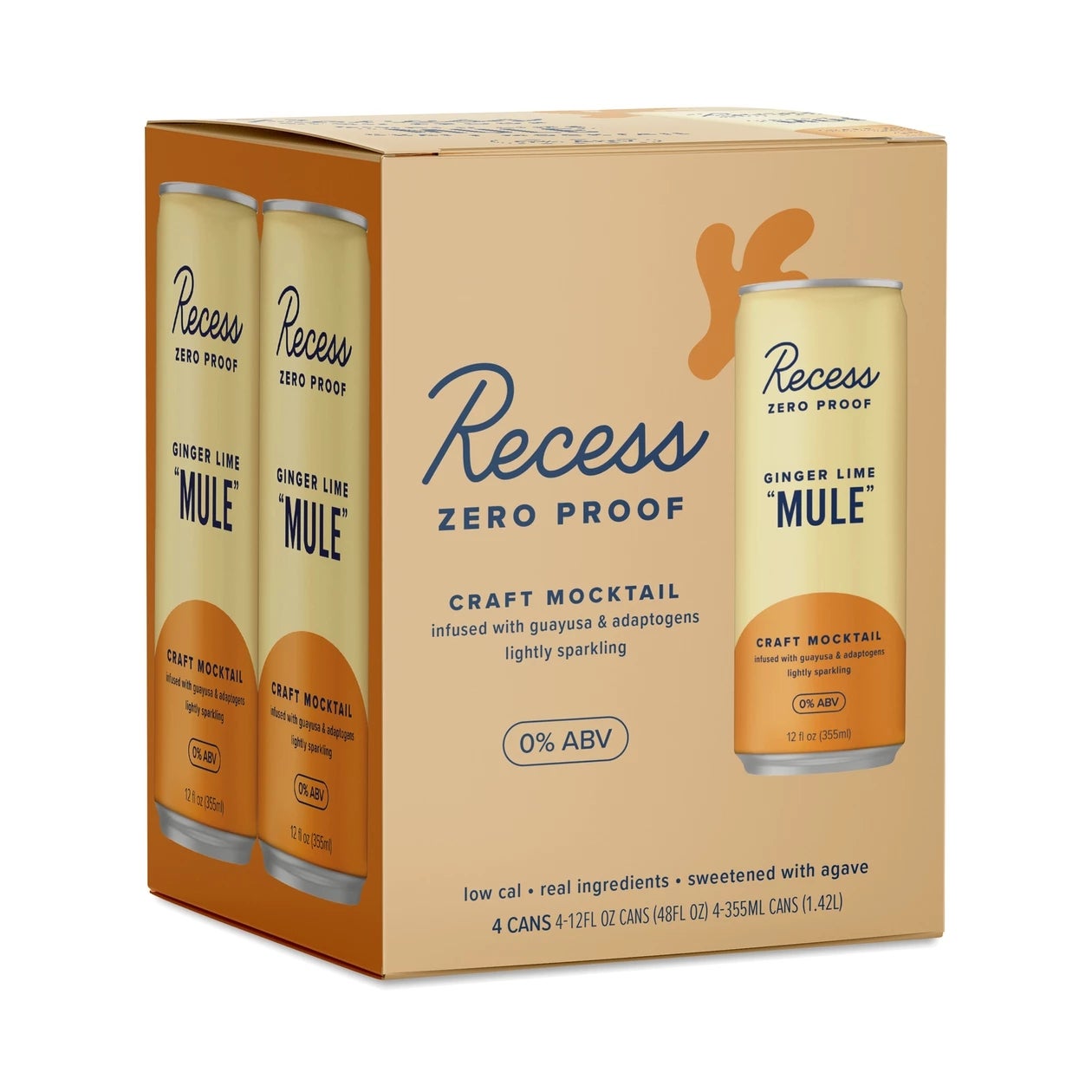 Box of Recess Zero Proof Ginger Lime Mule, a non-alcoholic craft mocktail, highlighting "0% ABV" and ingredients like ginseng and agave
