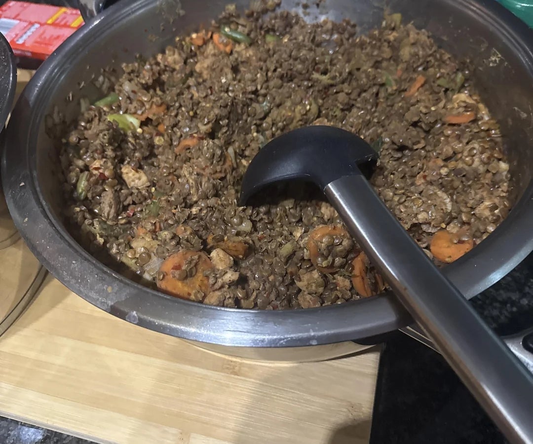 Panci berisi lumpur/slop matang yang tidak dapat diidentifikasi dengan sendok saji hitam diletakkan di sampingnya