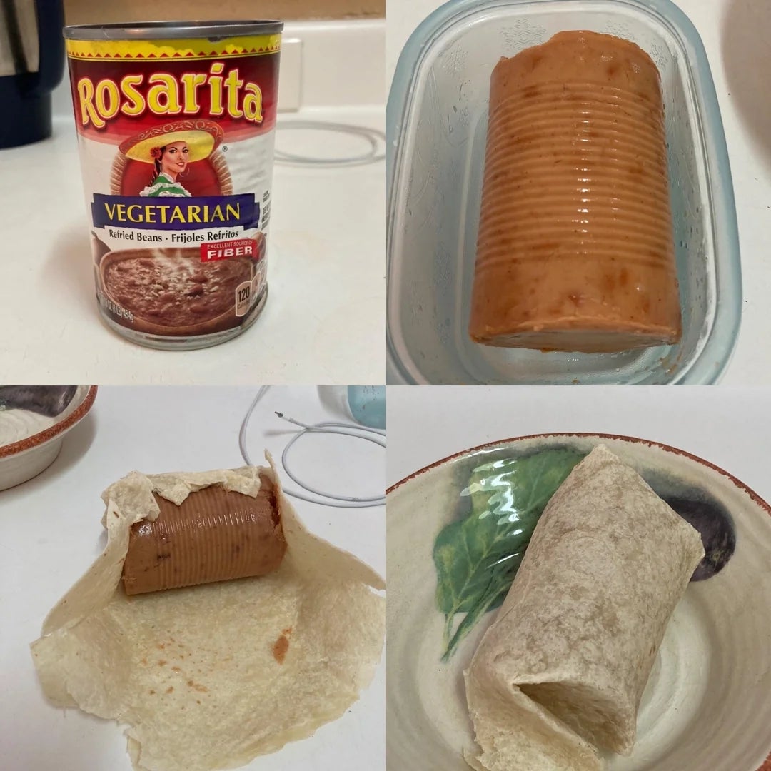 Kolase empat gambar menunjukkan proses pembuatan burrito menggunakan kacang refried vegetarian kalengan: kaleng, kacang dari kaleng, kacang di atas tortilla, kacang yang dibungkus ke dalam burrito