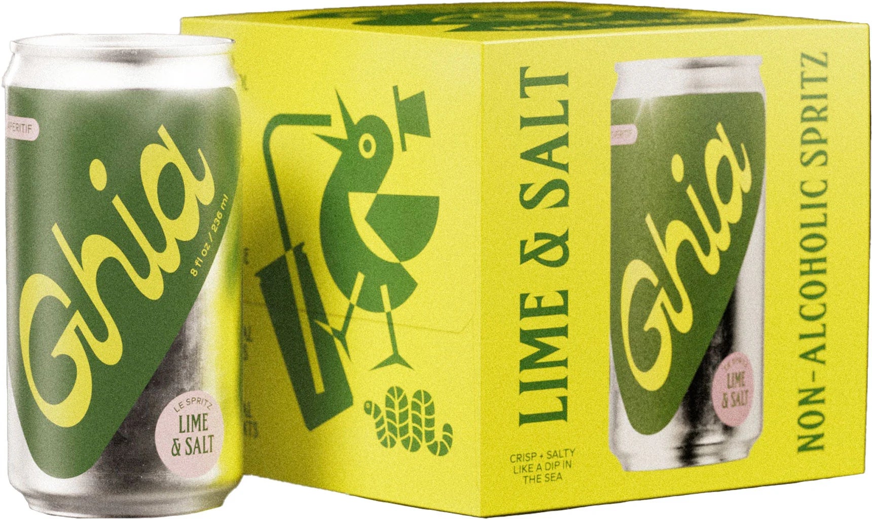 Ghia Lime &amp;amp; Salt non-alcoholic spritz packaging with a can and a box featuring playful graphics and branding