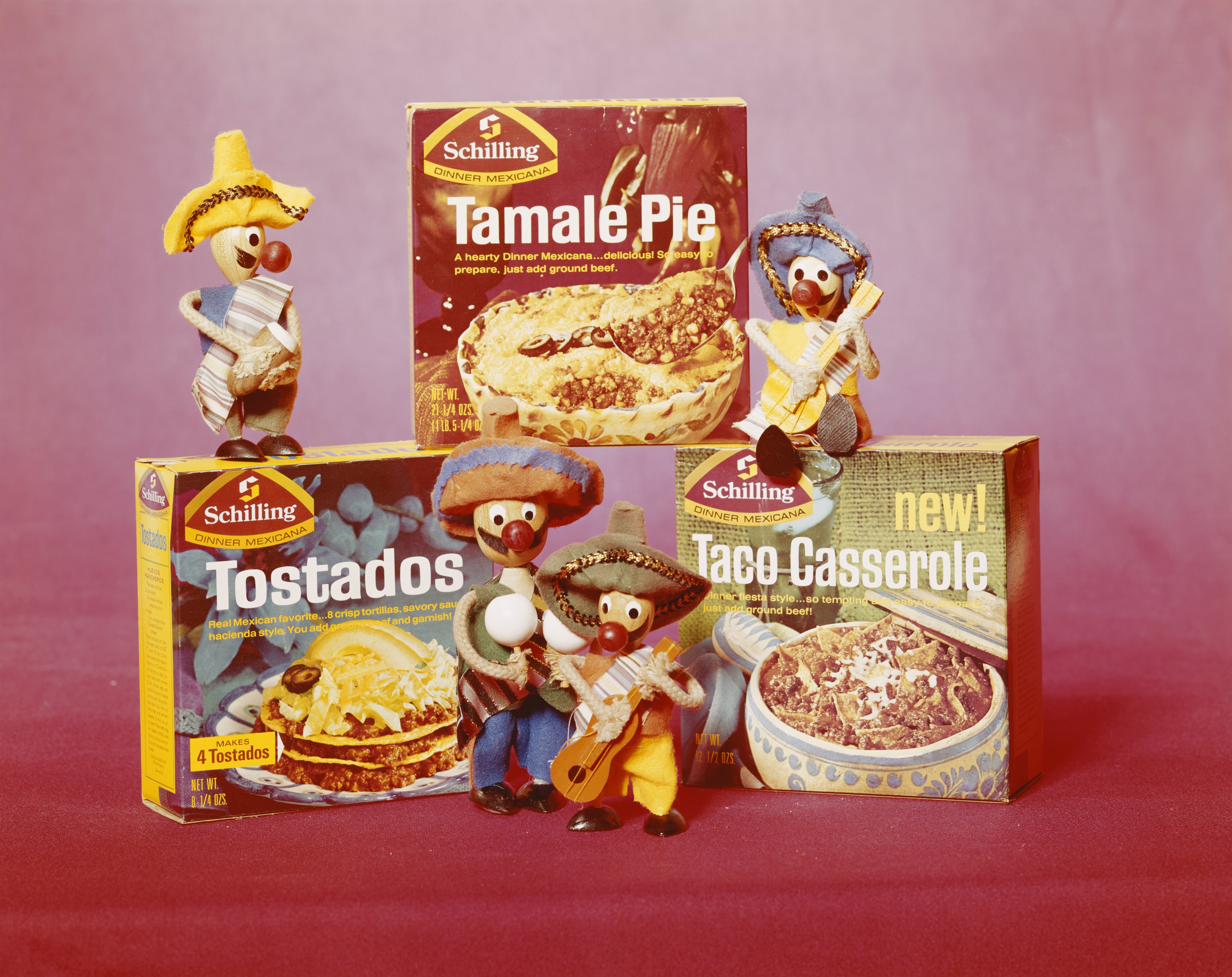 Vintage Schilling merchandise  boxes for Tamale Pie, Tostados, and Taco Casserole, featuring cartoon figures successful  accepted   Mexican attire