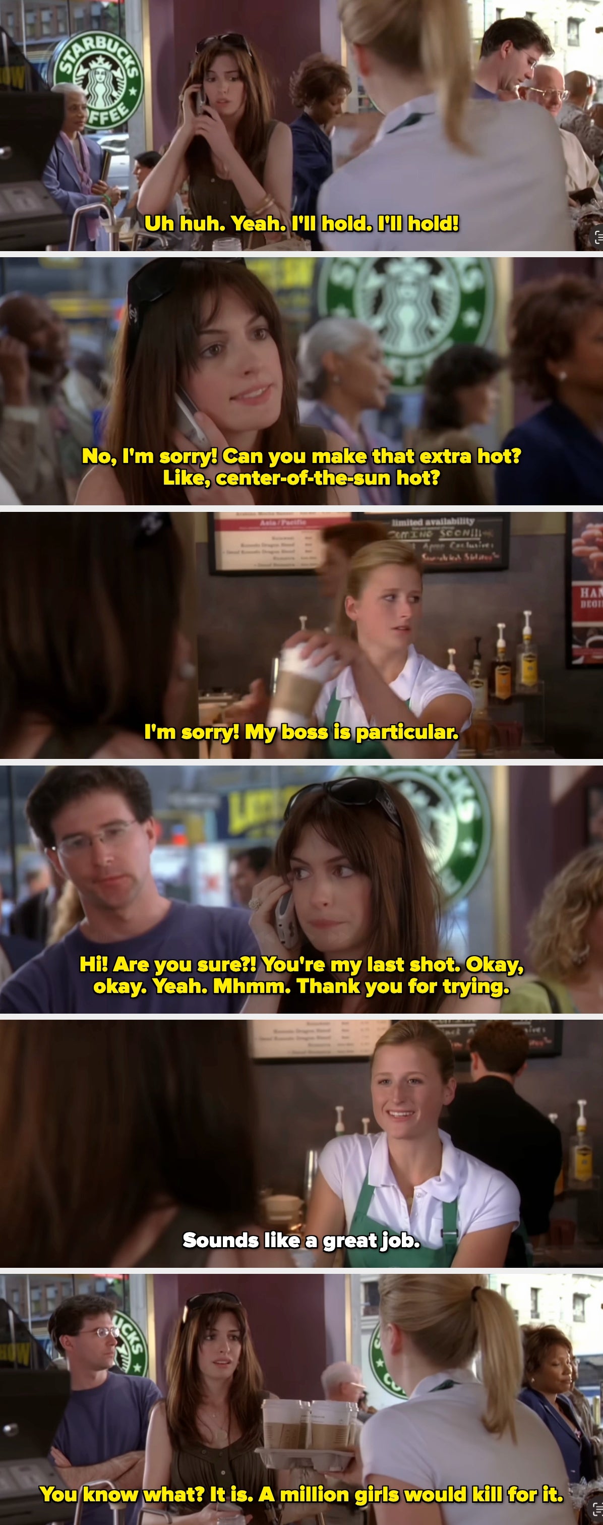 A pistillate   successful  a Starbucks talks connected  her phone, appearing concerned. Other patrons and a barista are disposable   successful  the background